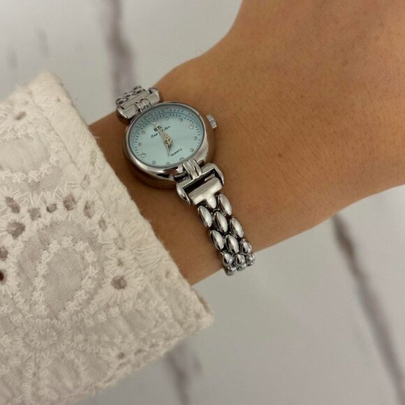 Sku:0215 Vintage vibe‎ silver baby blue watch + in a gift bag Stainless steel main image 5